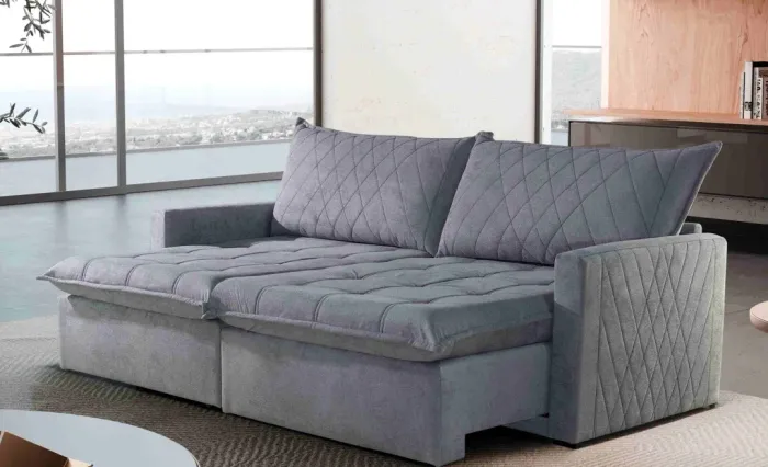 Sofá Cama Retrátil 220 cm Veludo Cinza - sem caixa Molas Ensacadas r654