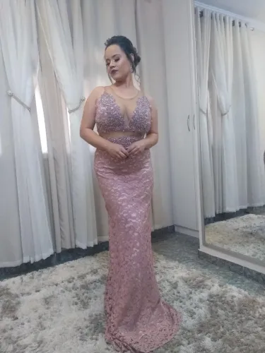Vestido de festa sereia nude bordado 