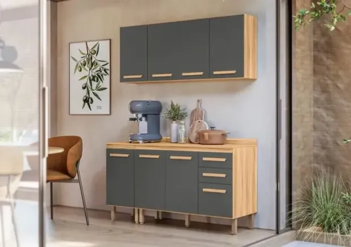 Conjunto Balcão com Aéreo Intenza 160 Freijó/Chumbo