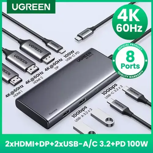 UGREEN - HUB 3 Telas, USB 10Gbps, Divisor 8 em 1 com 2xHDMI 1xDP