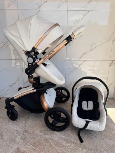Carrinho Luxuoso 3 em 1 Completo, Max Of Aulon. COURO BRANCO.