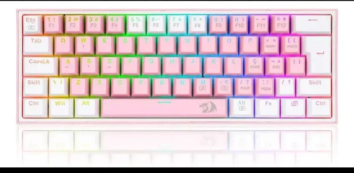 Teclado gamer redragon fizz rainbow k617 60% cor rosa e branco 