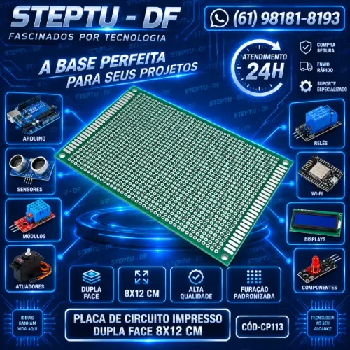 Placa De Circuito Impresso Dupla Face 8x12 Cm Arduino Automação Robotica COD-CP113