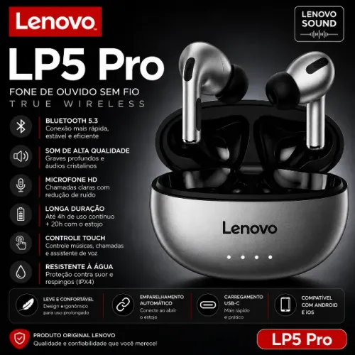 Fone De Ouvido Bluetooth 5.4 Lenovo Lp5 Cinza