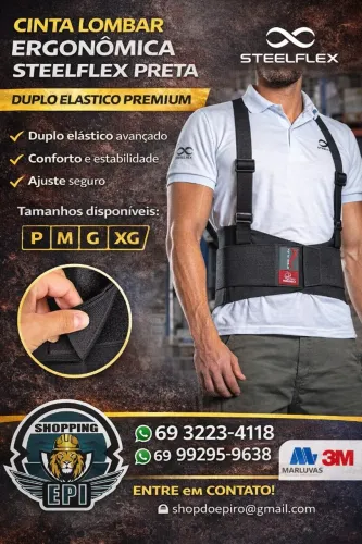 Cinta Lombar Ergonômica Steelflex Preta com duplo elástico Premium