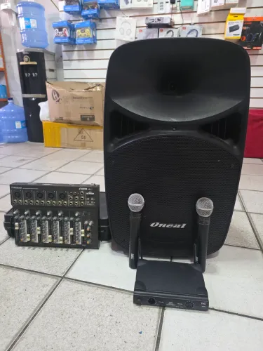 ? Caixa De Som Amplificada Oneal + Mesa De Som + Microfones Sem Fio