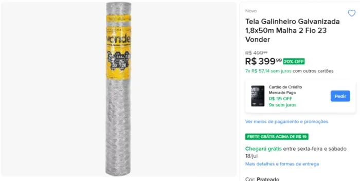 Tela Galinheiro Galvanizada 1,8x50m Malha 2 Fio 23 Vonder