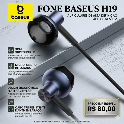Fone Com Fio Reforçado Baseus H19 Premium (Original e Lacrado)