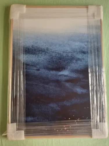 Quadro decorativo mar abstrato 50x70 moldura madeira clara