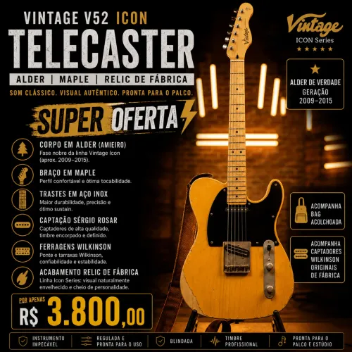 Vintage V52 Icon | Relic de fábrica | Trastes Inox | Captação Sérgio Rosar