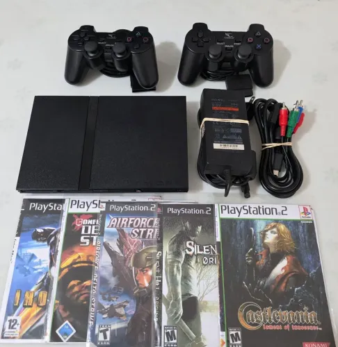 Playstation 2 Slim Desbl. Completo + 2 Controles + 5 Jogos.