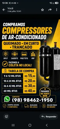 Compramos compressores de ar condicionados (em curto batido furado de todas as potências