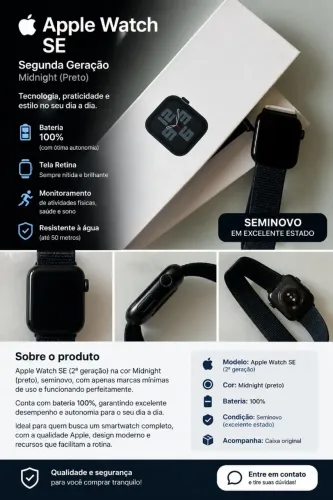 Apple Watch SE 2ª Geração Midnight | 100% Bateria | Seminovo