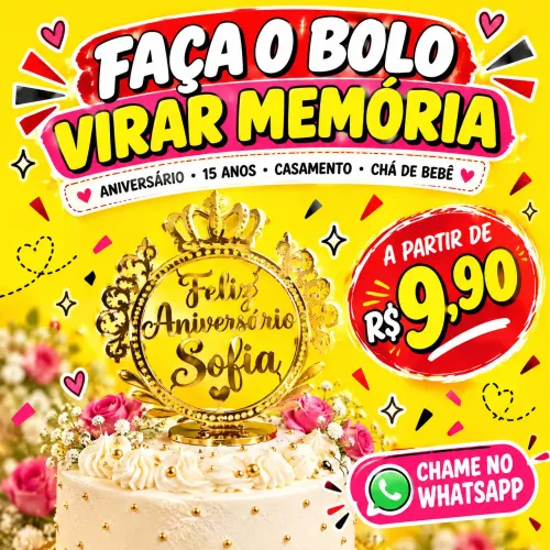 Topo de Bolo Luxo Personalizado Nome e Idade Laminado Espelhado Premiun