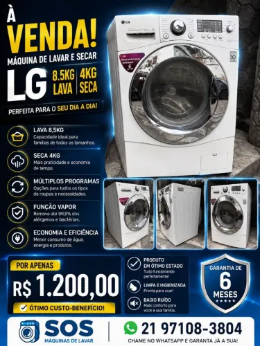 Lava e seca LG. Prática e intuitiva. Boa capacidade de lavagem. Lavagem por tombamento.