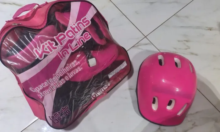 Kit completo Patins Roller In Line Infantil Rosa 