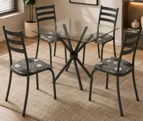 Mesa com 4 Cadeiras, Tampo de Vidro e FRETE GRÁTIS: TRAVA!!!
