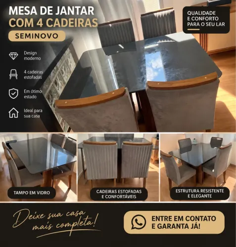 Conjunto Sala de Jantar 4 Lugares Retangular Tampo MDF Stella Mel/Cinza