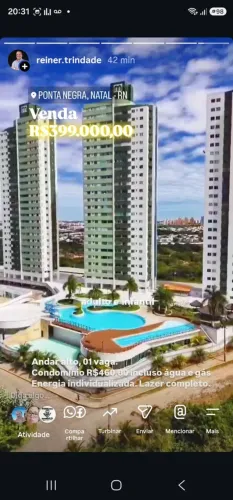Apartamento com Vista livre pro mar, 56m², para venda em Ponta Negra por R$399.000,00