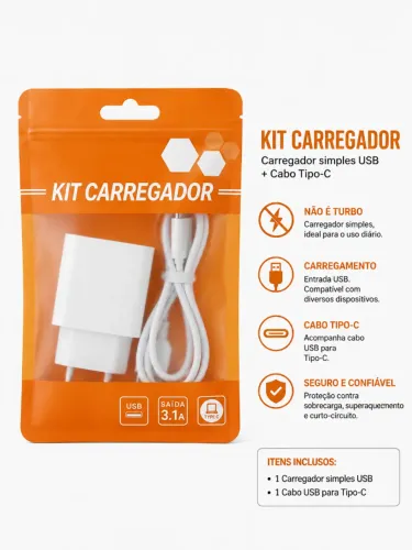 Kit Carregador USB + Cabo Tipo-C | Carregador Simples para Celular