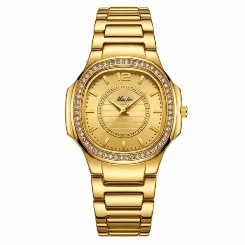 Relógio Feminino Missfox Movimento Quartzo Social Todo Dourado Cravejado Pulseira Aço 2549
