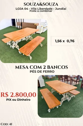 Mesa de madeira com base de ferro 2 bancos