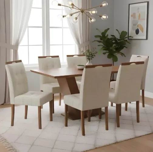 Conjunto Mesa Majestic 160 Cinamomo com 6 Cadeiras Linho Bege