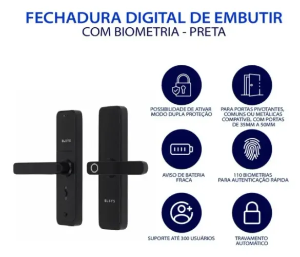 Fechadura Digital De Embutir Com Biometria e Senha Esf-de2000b Preta Elsys