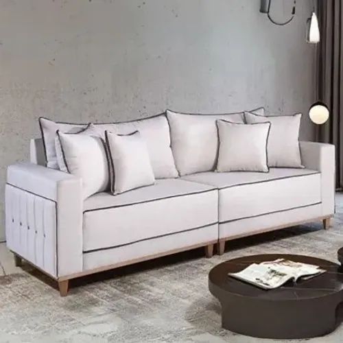 Sofá Living Linho Bege Design Moderno tt43