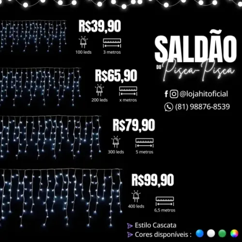 Pisca Pisca de Natal LED Cascata Branco Azul Verde Colorido 100 200 300 400 LEDS até 6,5m