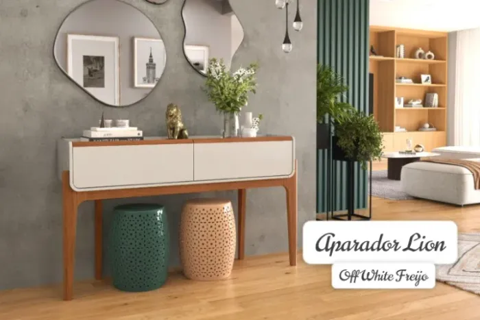 Aparador Lion Com Pés E Puxadores Em Madeira Maciça Cor Freijó/Off White - Em Oferta