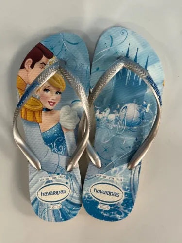 Havaiana Slim Cinderella Tamanho 35/36 Cor Azul Prata Chinelo Princesas Disney