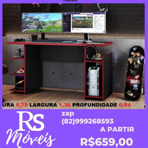 Mesa Gamer Escrivaninha Gamer Preto e Vermelho