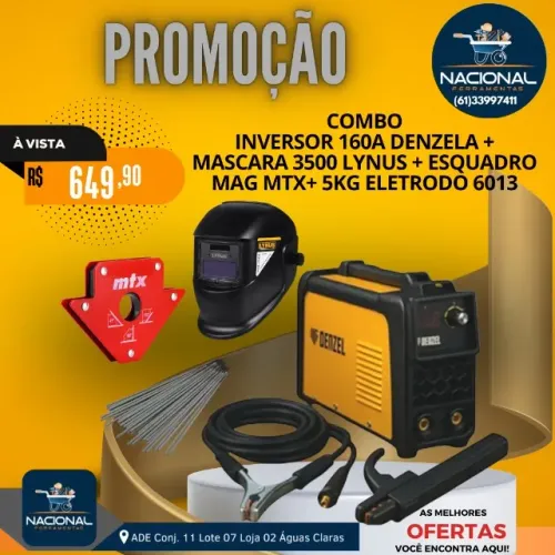 Combo Inversor 160A Denzela + Máscara Lynus + Esquadro MTX + 5kg Eletrodo