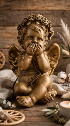 Estatua Anjo Vintage Querubim Dourado Presente Religioso Proteção