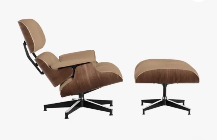 Poltrona Charles Eames Com Banqueta Couro Natural Legítimo Cor Imbuia - Marfim
