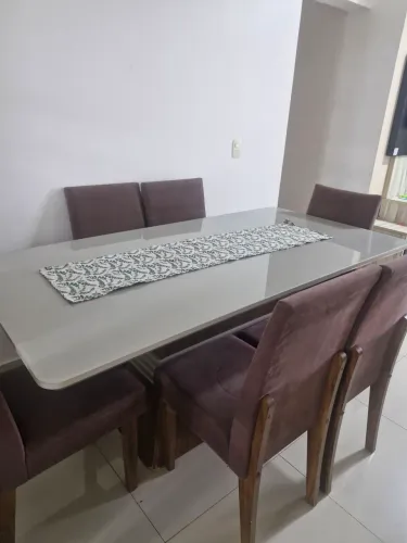 Mesa de Jantar Moderna 6 Cadeiras - Tampo Vidro Branco e Base Madeira<br>