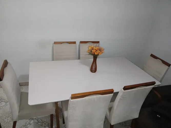 Mesa Jantar Madeira Maciça 6 Lugares Laqueada Branca + 6 Cadeiras Estofadas
