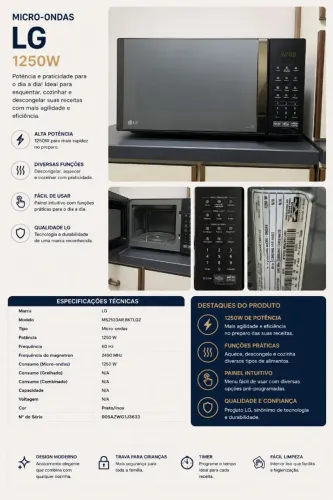 Micro-ondas LG Preto/Inox - 1250W | Completo e Funcionando Perfeitamente com Manual