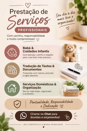 Serviços Profissionais: Cuidados Infantis (Babá), Tradução e Serviços Domésticos
