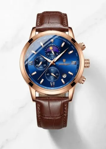 Relogio Poedagar 882 Blue Gold Rose Clássico Azul Com Cronografos Pulseira Couro Marrom