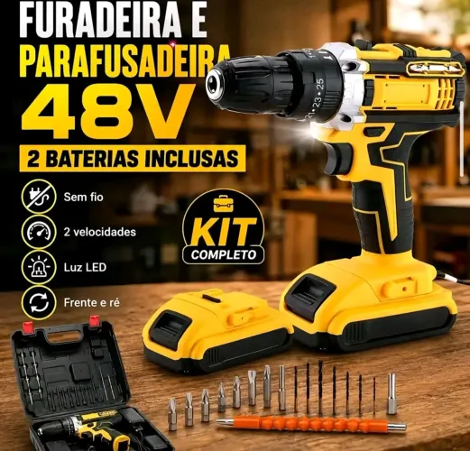 PARAFUSADEIRA ELETRICA 48V COM 2 BATERIAS RECARREGAVEL SEM FIO E MALETA COMPLETA