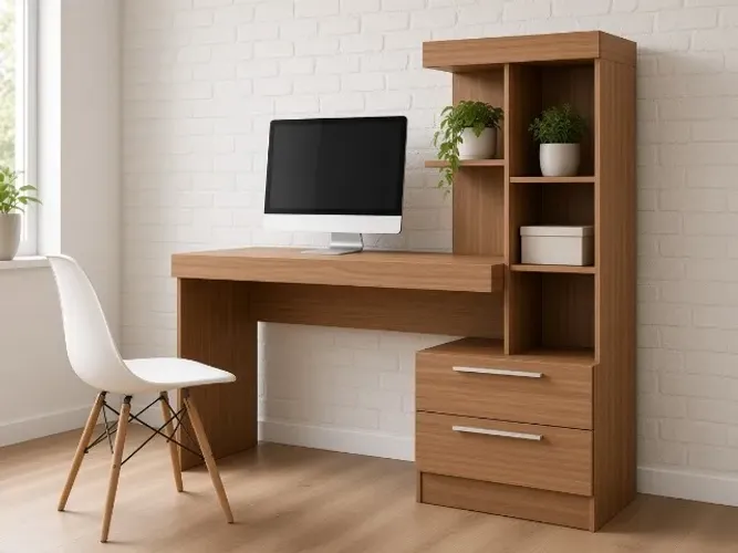 Mesa Office 2010 com Estante 1,31m Freijó (NOVO A PRONTA ENTREGA)
