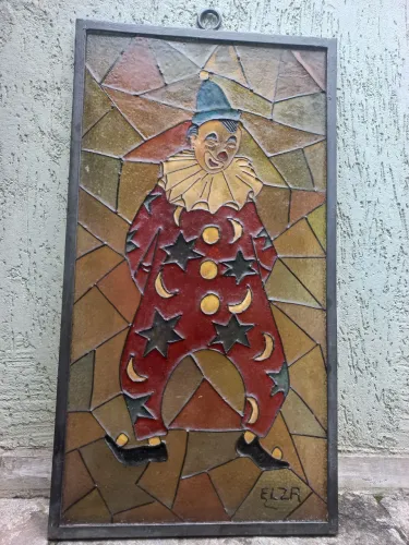 Quadro vitral  palhaço antigo moldura ferro 