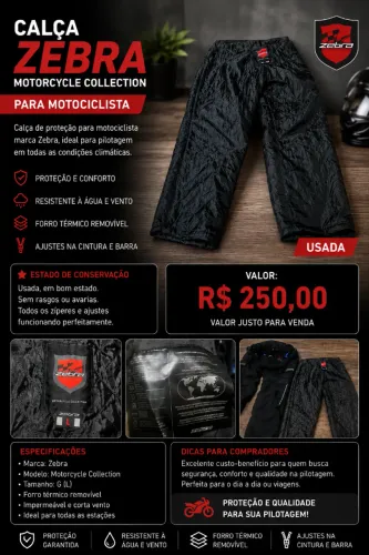 Calça Motociclista Zebra G Impermeável c/ Forro Térmico Removível