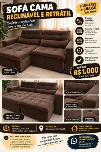 Sofá-Cama Retrátil e Reclinável 2,50m