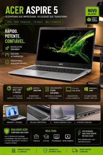 Notebook Acer Aspire 5 Core i7 | NOVO | SSD NVMe 512GB | ACEITO OFERTA