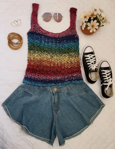 Conjunto Blusa Croche e Short Jeans