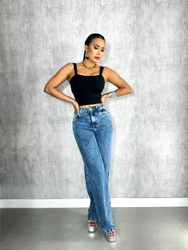 Causa wid leg jeans feminina cintura alta 100% Algodão moda tendência