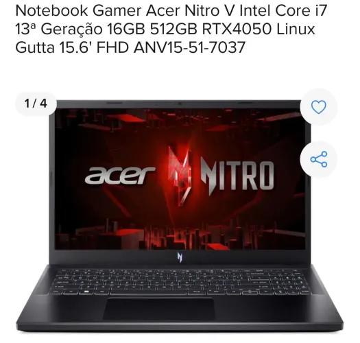 Vendo Notebook Nitro 5, I7 13°, Rtx4050, 16gb RAM